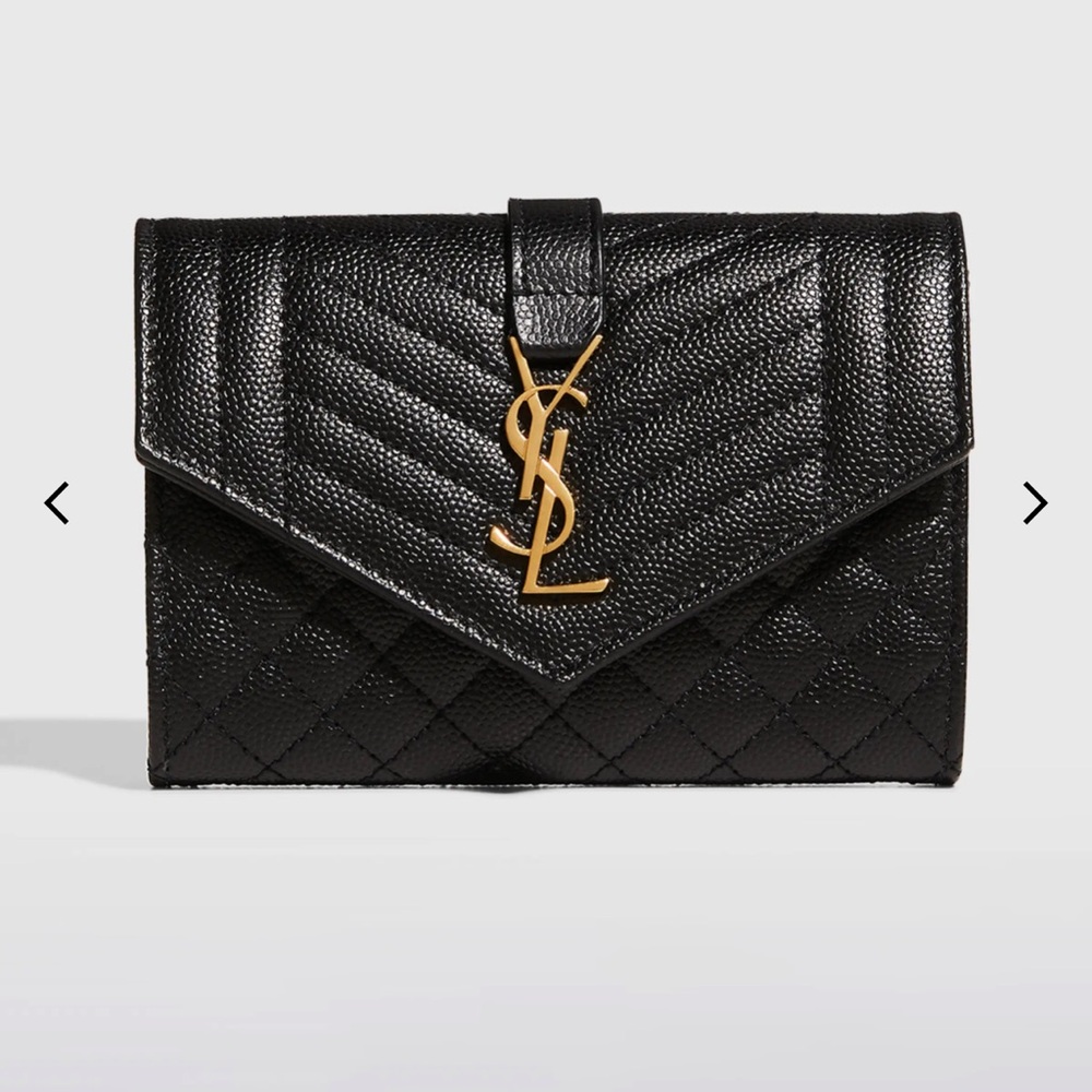 Saint Laurent Envelope Compact Tri-Fold Leather Wallet In Black W/ Gold …
